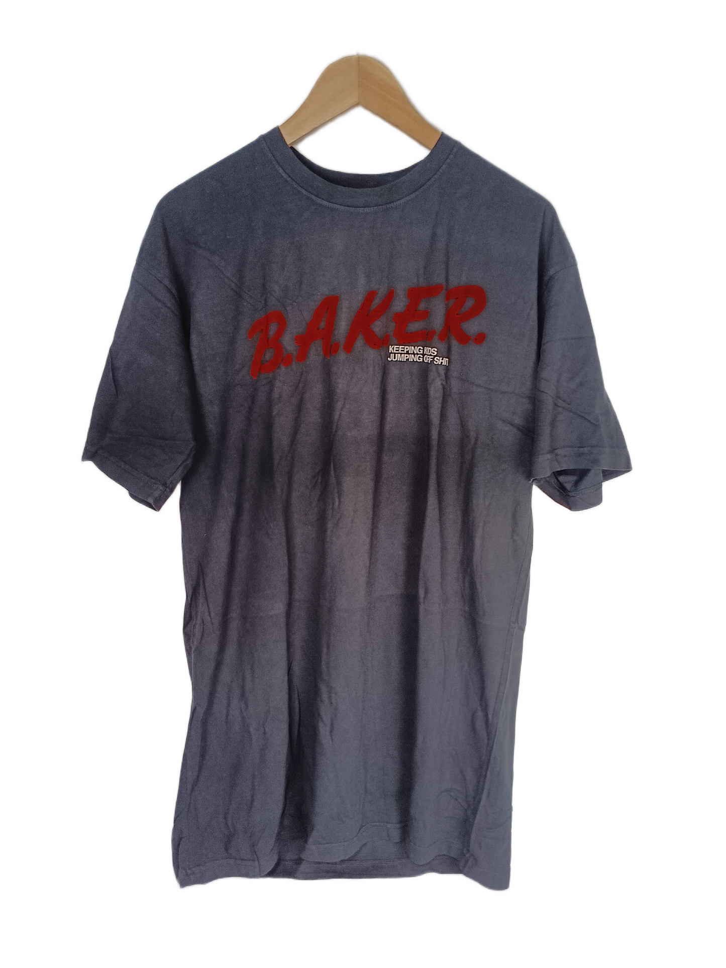 Baker B.A.K.E.R. Keeping Kids Jumping Off Shit Dare Spoof Black White Red Mens Size XL S/s Vintage Shirt