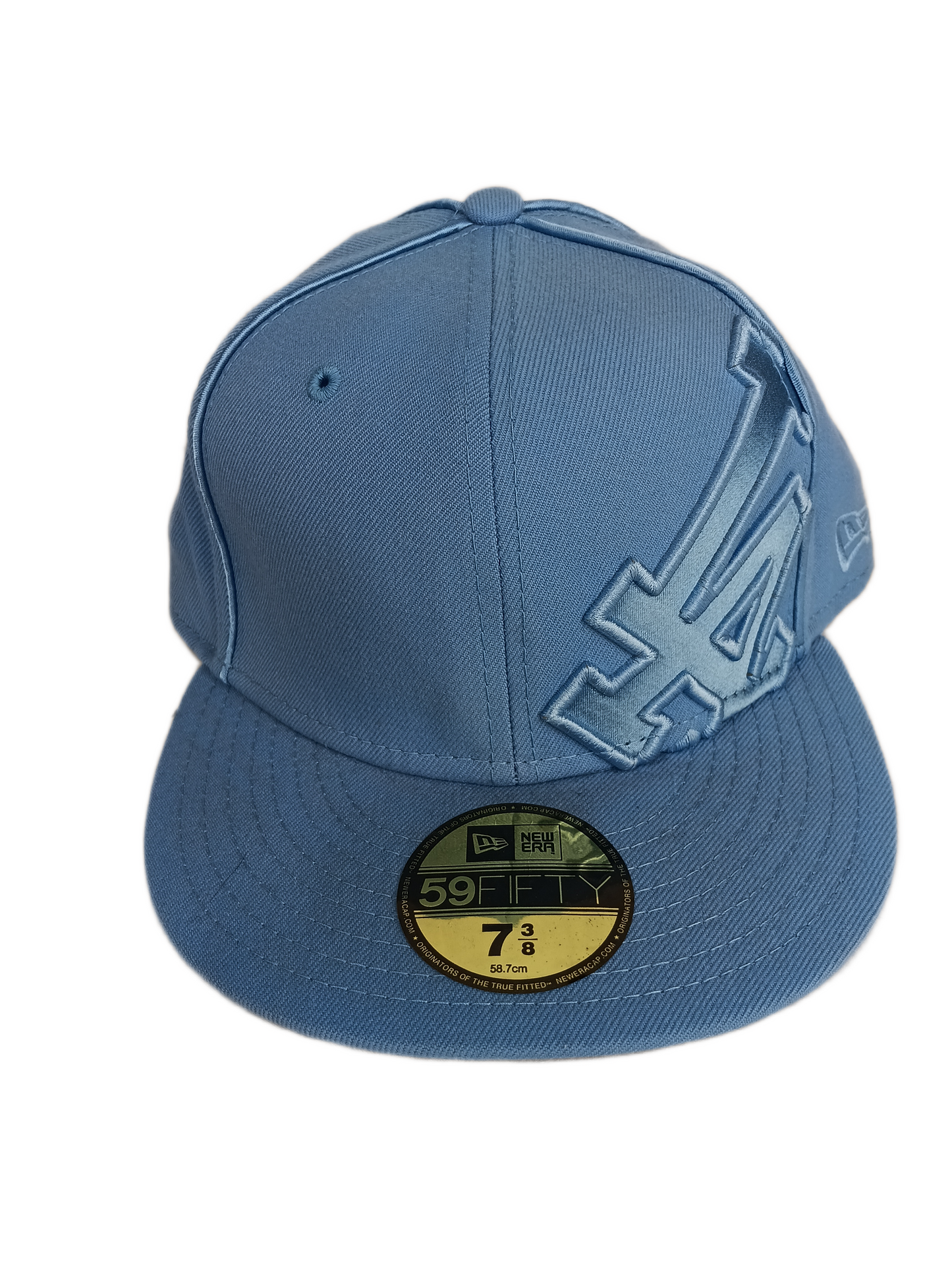 New Era 59Fifty LA Large Side Print Blue Sheen Size 7 3/8 58.7 cm Vintage Fitted Hat