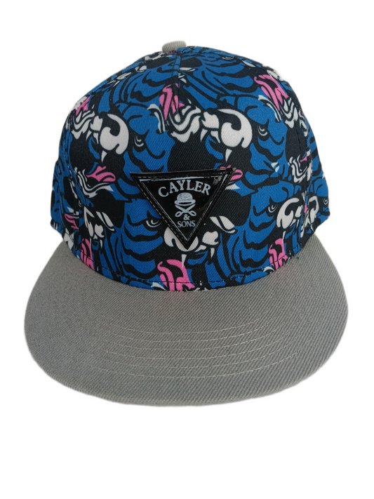 Cayler & Sons Black Thick Leather Inverse Triangle Patch Grey Brim Blue White Pink All Over Print One Size FIts All Vintage Snapback Hat