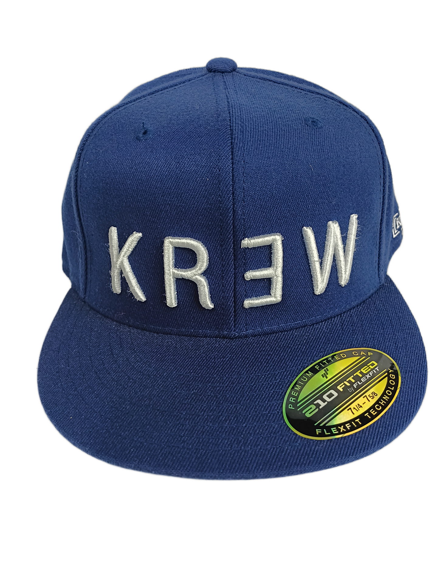 Krew Kr3w Large Print Silver Navy [K] Bracket Side Logo Size 7 1/4 - 7 5/8 Vintage Flexfit 210 Fitted Hat 2002