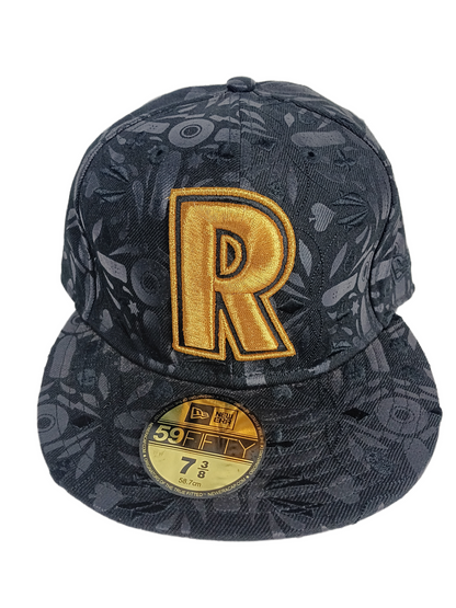 Real Skateboards X New Era 59Fifty X Benny Gold Black Gold All Over Print Size 7 3/8 58.7cm Vintage Fitted Hat