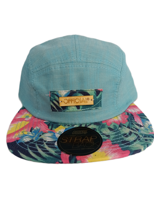 Official Coastal Resort Bamboo Patch Lt Blue Floral Bill One Size Fits All Vintage 5 Panel Leather Strapback Hat