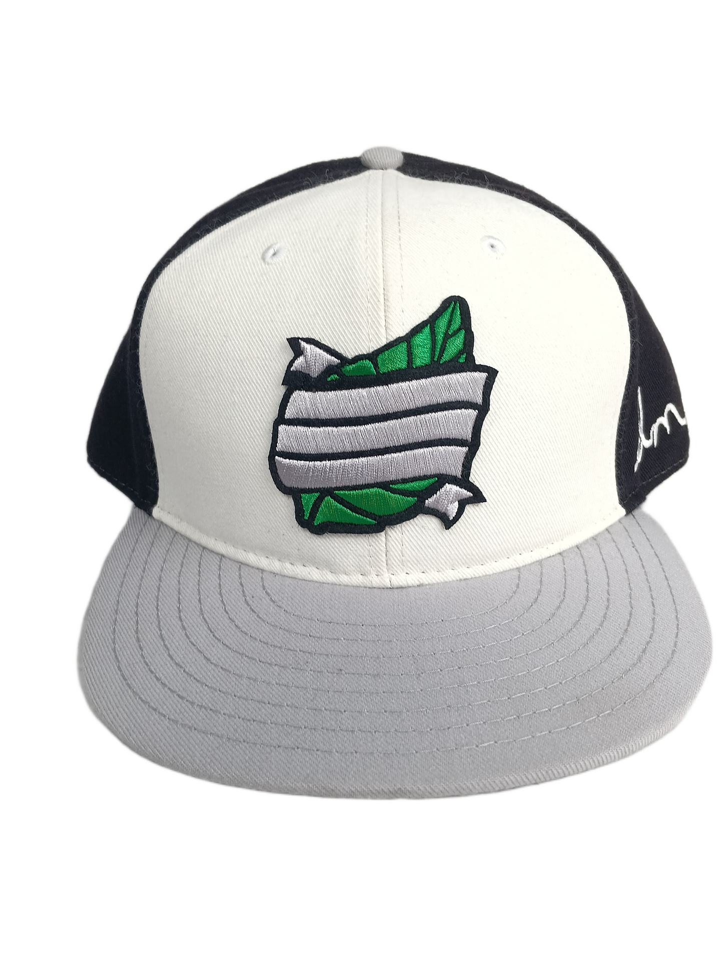 Elm Elm Co. Large Green Silver Leaf Logo Thick Patch Elm Side Print White Grey Black Size 7 1/2 Vintage Fitted Hat