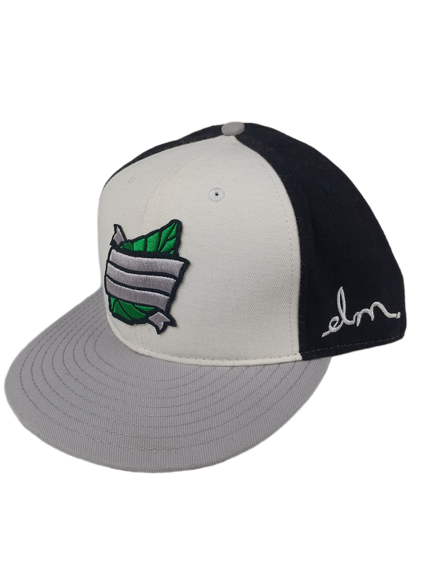 Elm Elm Co. Large Green Silver Leaf Logo Thick Patch Elm Side Print White Grey Black Size 7 1/2 Vintage Fitted Hat