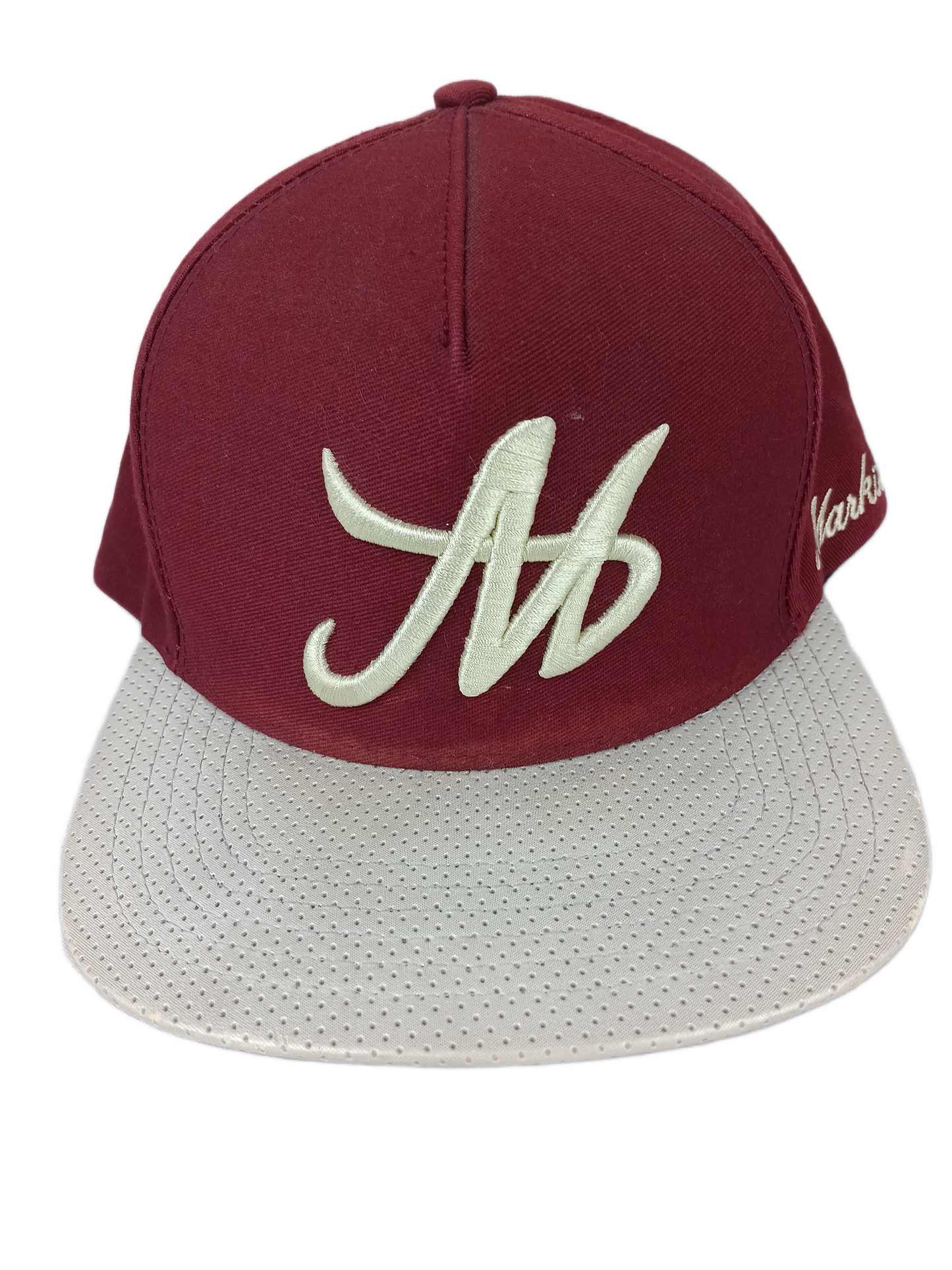 Markisa M Logo & Side Print Cream Burgundy Perf Distressed Leather One Size Fits All Vintage Snapback Hat