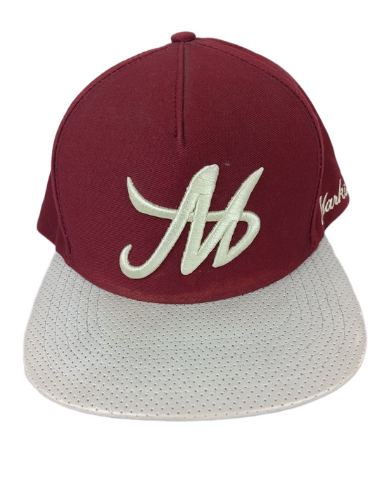 Markisa M Logo & Side Print Cream Burgundy Perf Distressed Leather One Size Fits All Vintage Snapback Hat