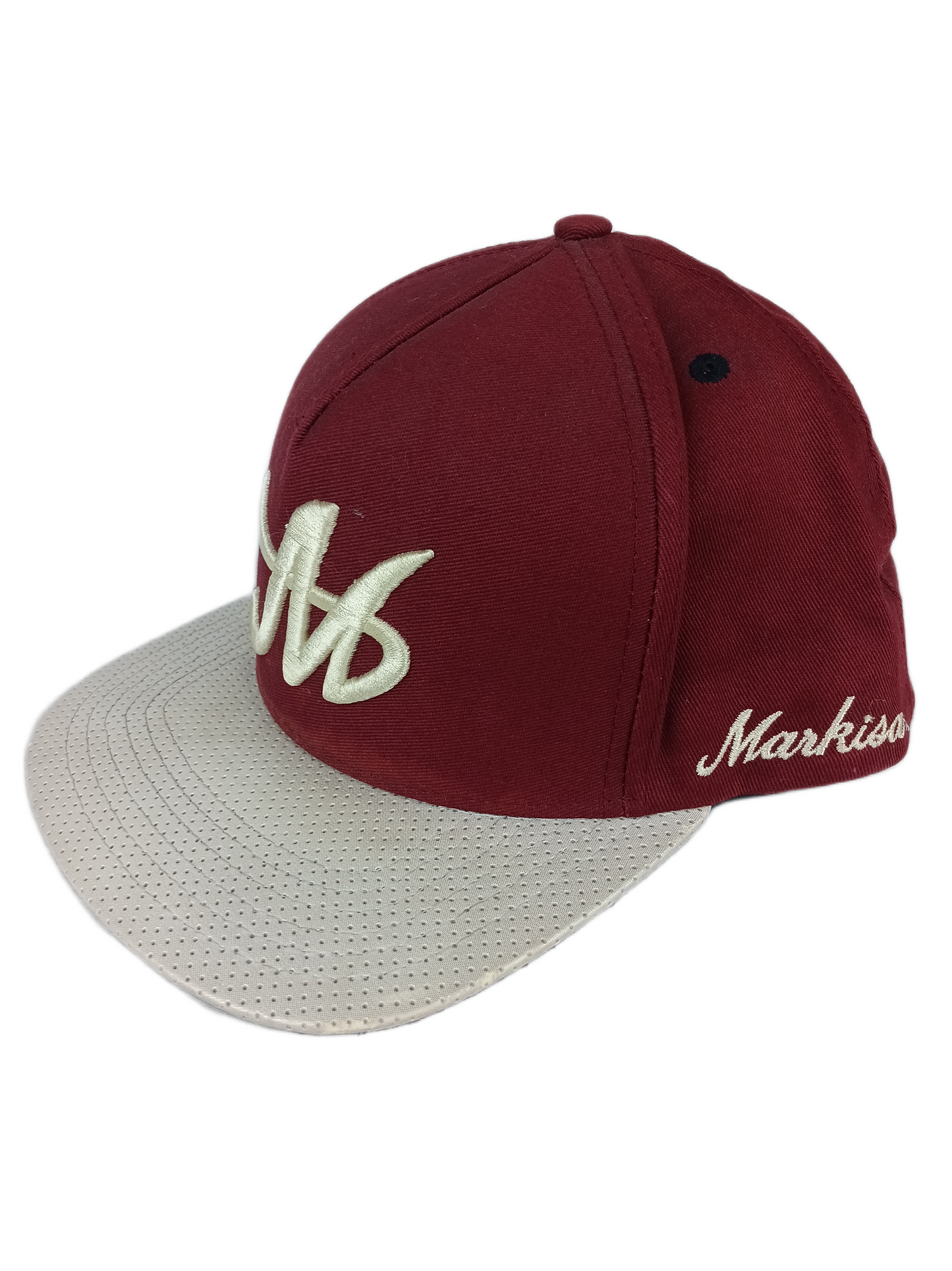 Markisa M Logo & Side Print Cream Burgundy Perf Distressed Leather One Size Fits All Vintage Snapback Hat