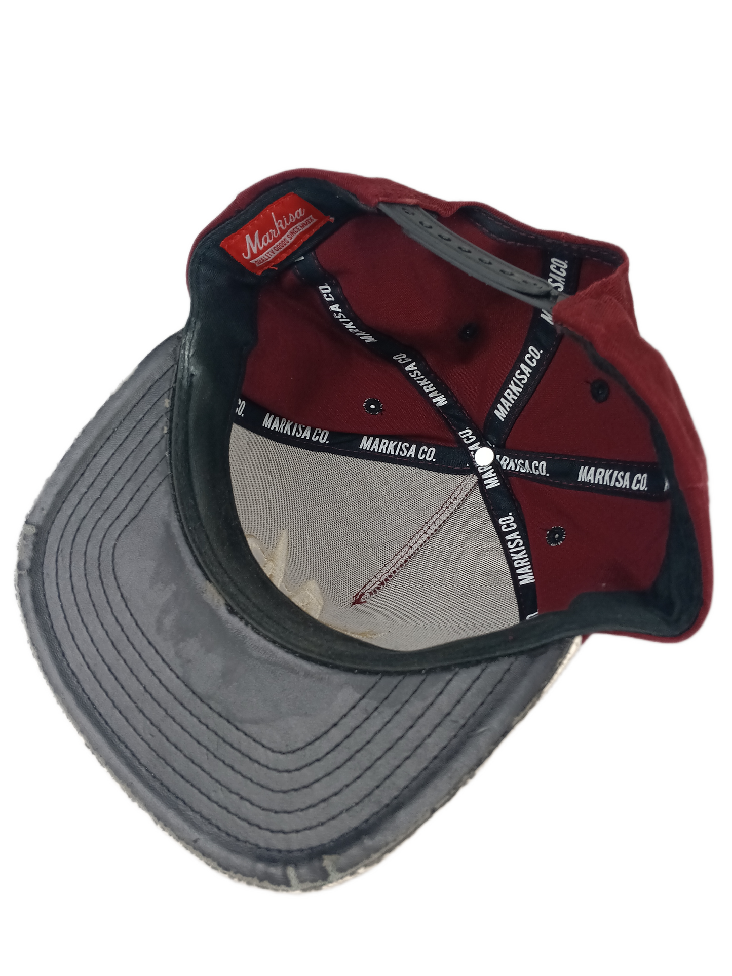 Markisa M Logo & Side Print Cream Burgundy Perf Distressed Leather One Size Fits All Vintage Snapback Hat