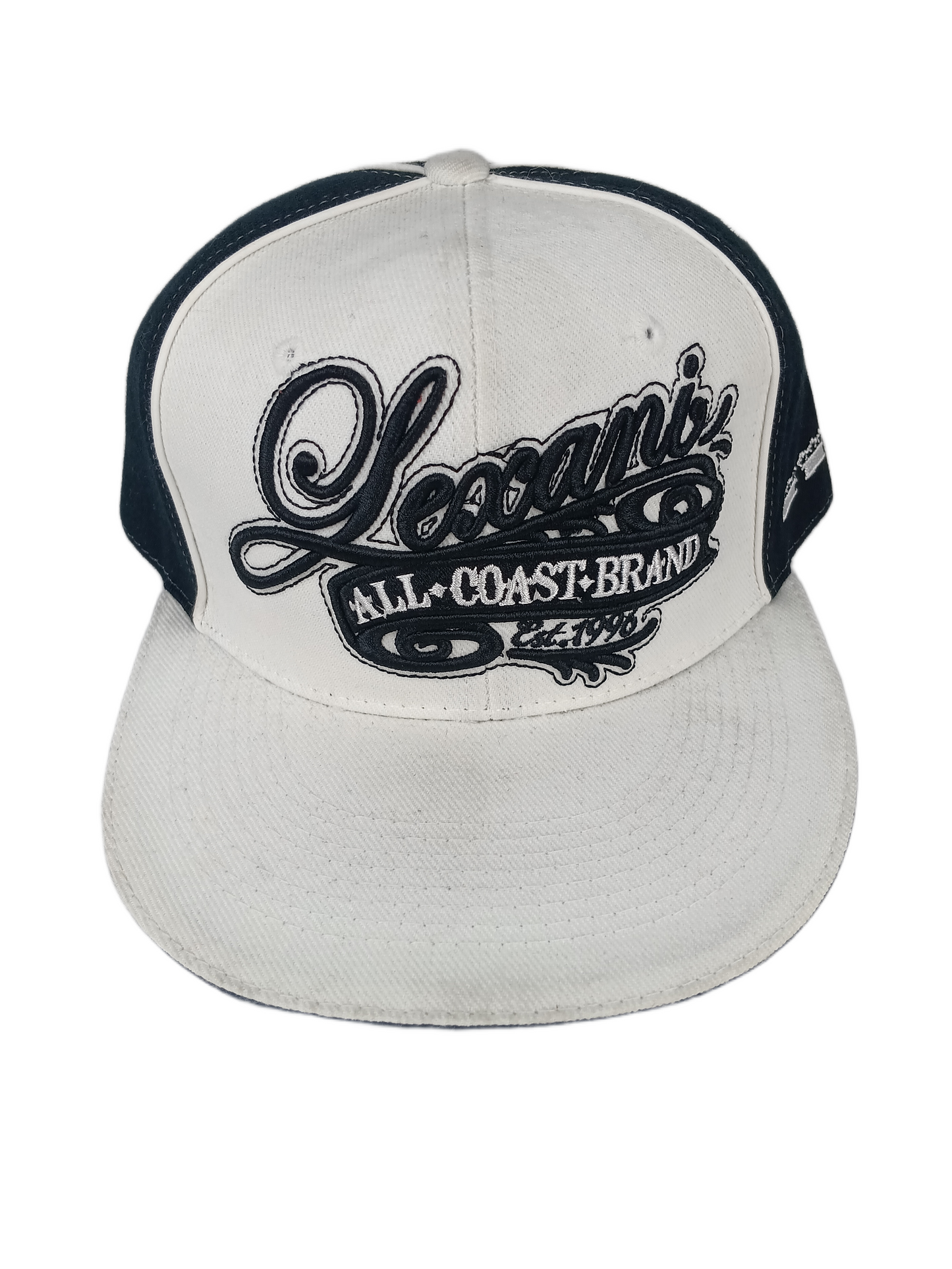 Lexani All Coast Bran White Black Pinstriped Triple Crown Side Logo & Back Print Size L Vintage Fitted Hat
