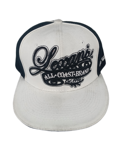 Lexani All Coast Bran White Black Pinstriped Triple Crown Side Logo & Back Print Size L Vintage Fitted Hat