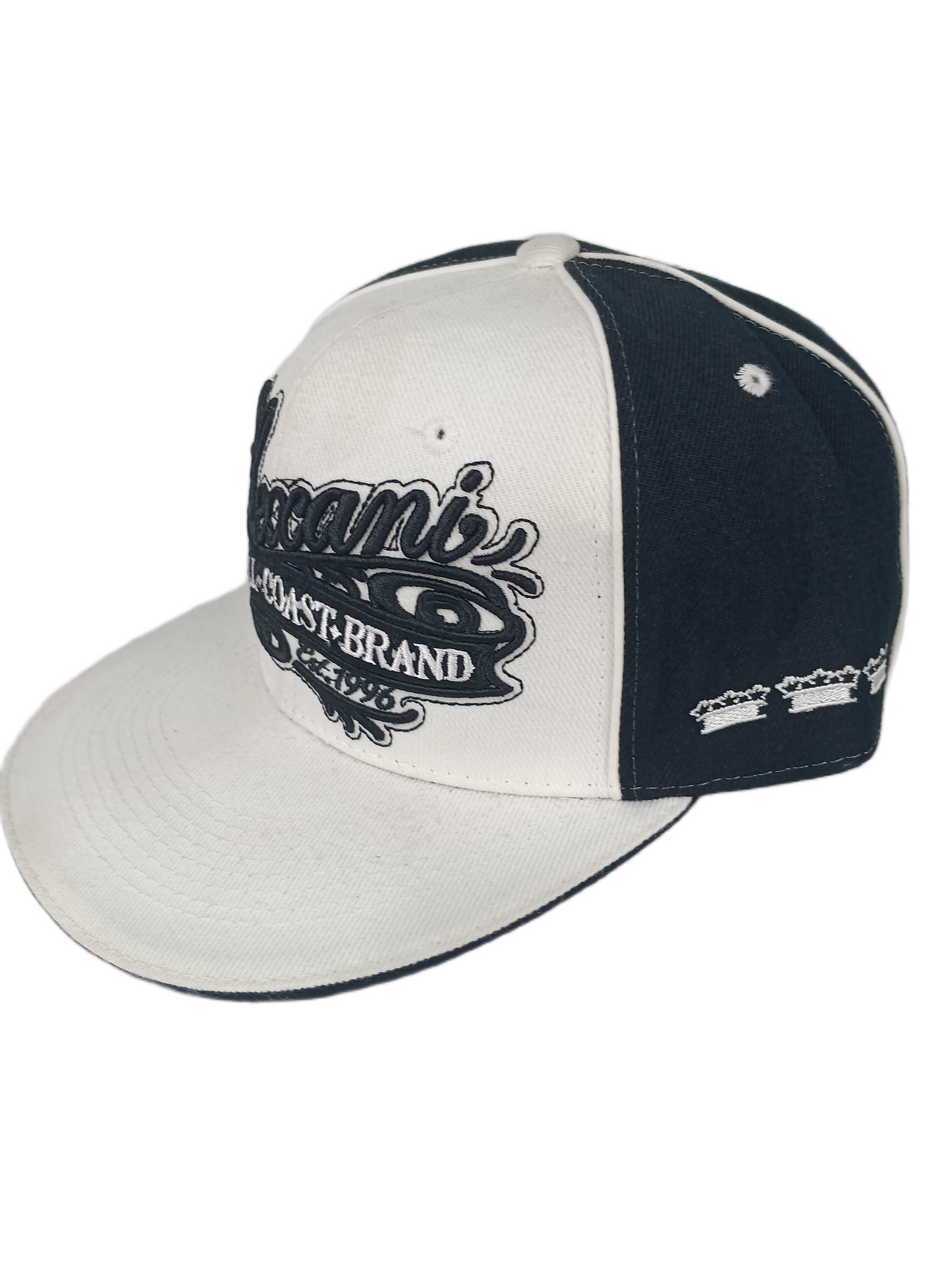 Lexani All Coast Bran White Black Pinstriped Triple Crown Side Logo & Back Print Size L Vintage Fitted Hat