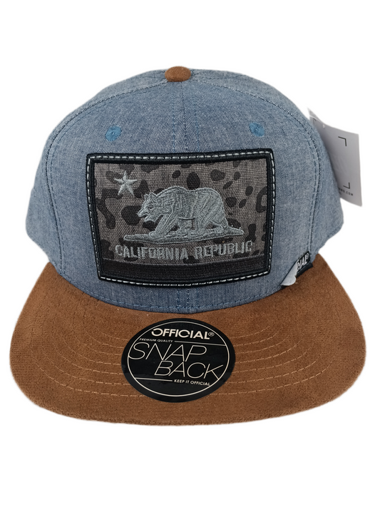 Official California Republic Bear Large Patch Silver Lt Blue Brown Felt Brim One Size Fits All Vintage Leather Strapback Hat