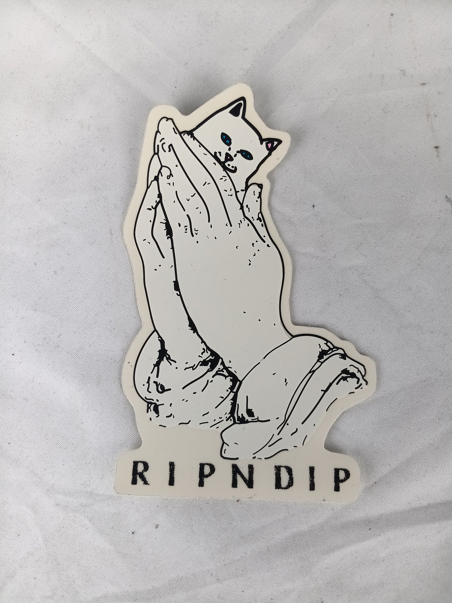 Rip N Dip Praying Hands Kitty Clear CLear White Black 4.75" X 3" Vintage NOS Sticker