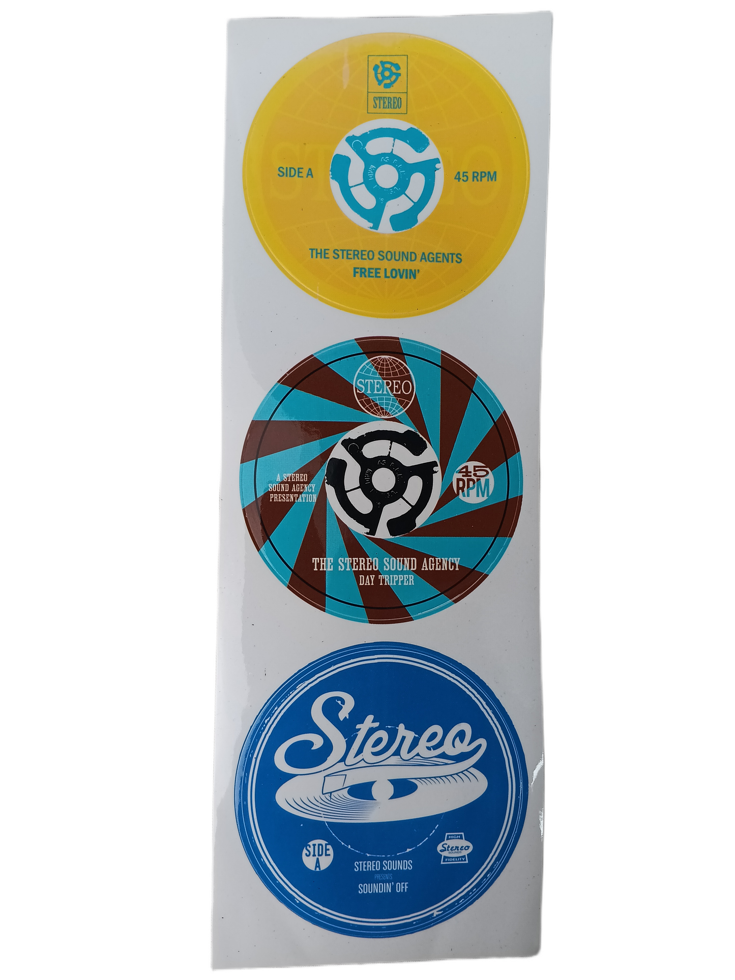 The Stereo Sound Agents FREE LOVIN' DAY TRIPPER SOUNDIN' OFF Blue Yellow Black Brown White 10.3" X 3.5" Vintage Sticker Sheet Of 3 Stickers