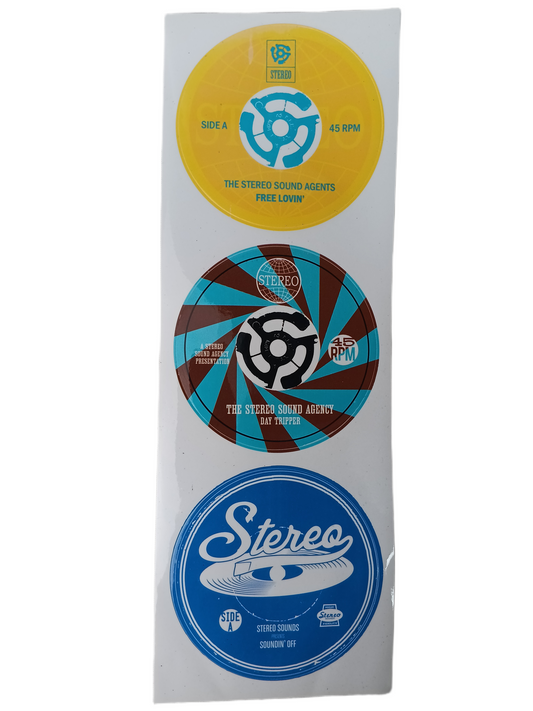 The Stereo Sound Agents FREE LOVIN' DAY TRIPPER SOUNDIN' OFF Blue Yellow Black Brown White 10.3" X 3.5" Vintage Sticker Sheet Of 3 Stickers
