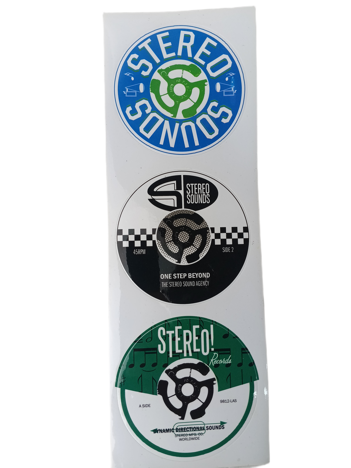 Stereo Sounds ONE STEP BEYOND DYNAMIC DIRECTIONAL SOUNDS White Black Green Blue 10.3" X 3.5" Vintage Sticker Sheet Of 3 Stickers
