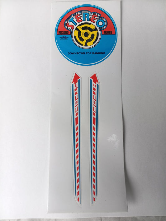 Stereo Record Globe Downtown Top Ranking & Stereo Arrow Dots Orange Blue White Multi 10.3" X 3.5"  Vintage Sticker Sheet