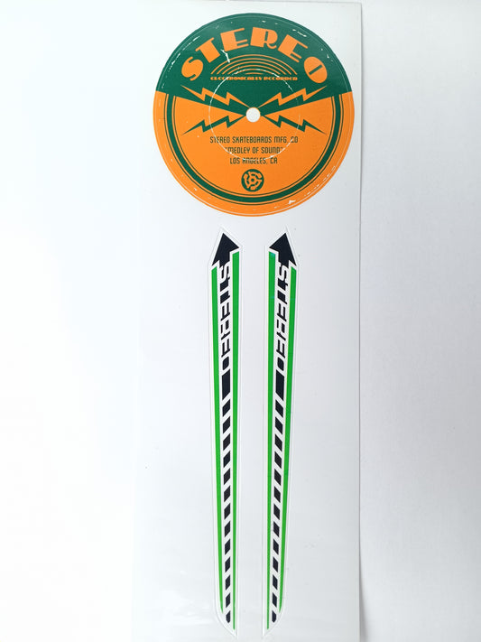 Stereo Skateboards MFG Co. Medley Of Sound Los Angeles CA & Stereo Arrow Dots Orange Green Black White 10.5" X 3.5" Vintage Sticker Sheet