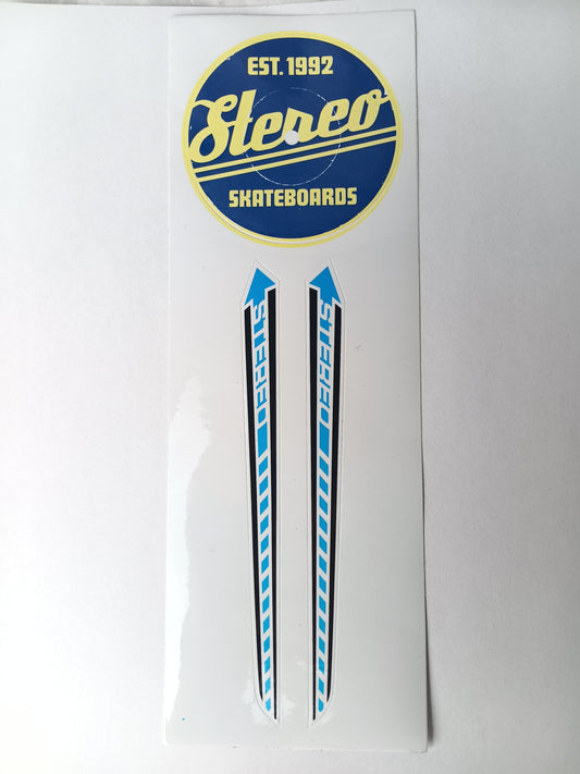 Stereo EST. 1992 Stereo Skateboards & Stereo Arrow Dots Blue White Yellow Black 10.5" X 3.5 Vintage Sticker Sheet