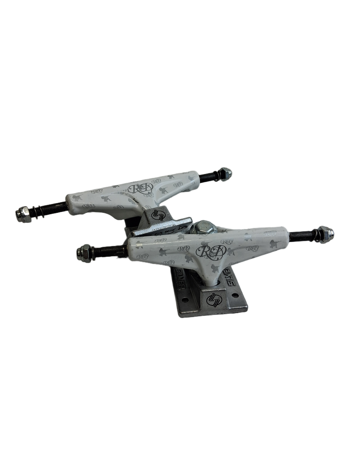 Silver Rob Dyrdek Guns Initials RD With Sniper White Silver Size 7.75" Axle Vintage NOS Trucks