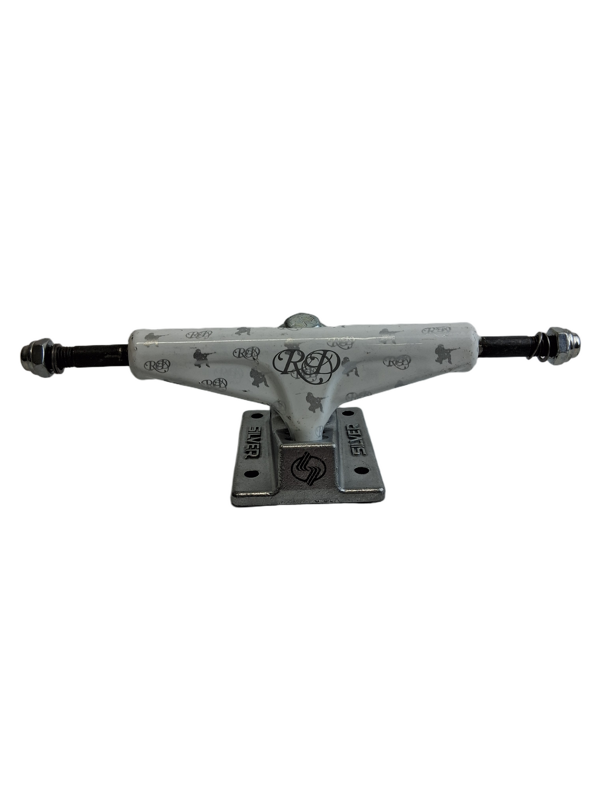Silver Rob Dyrdek Guns Initials RD With Sniper White Silver Size 7.75" Axle Vintage NOS Trucks