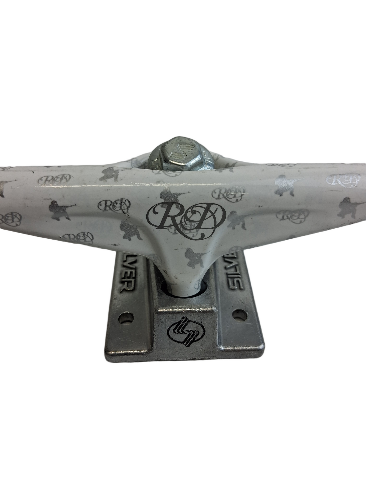 Silver Rob Dyrdek Guns Initials RD With Sniper White Silver Size 7.75" Axle Vintage NOS Trucks