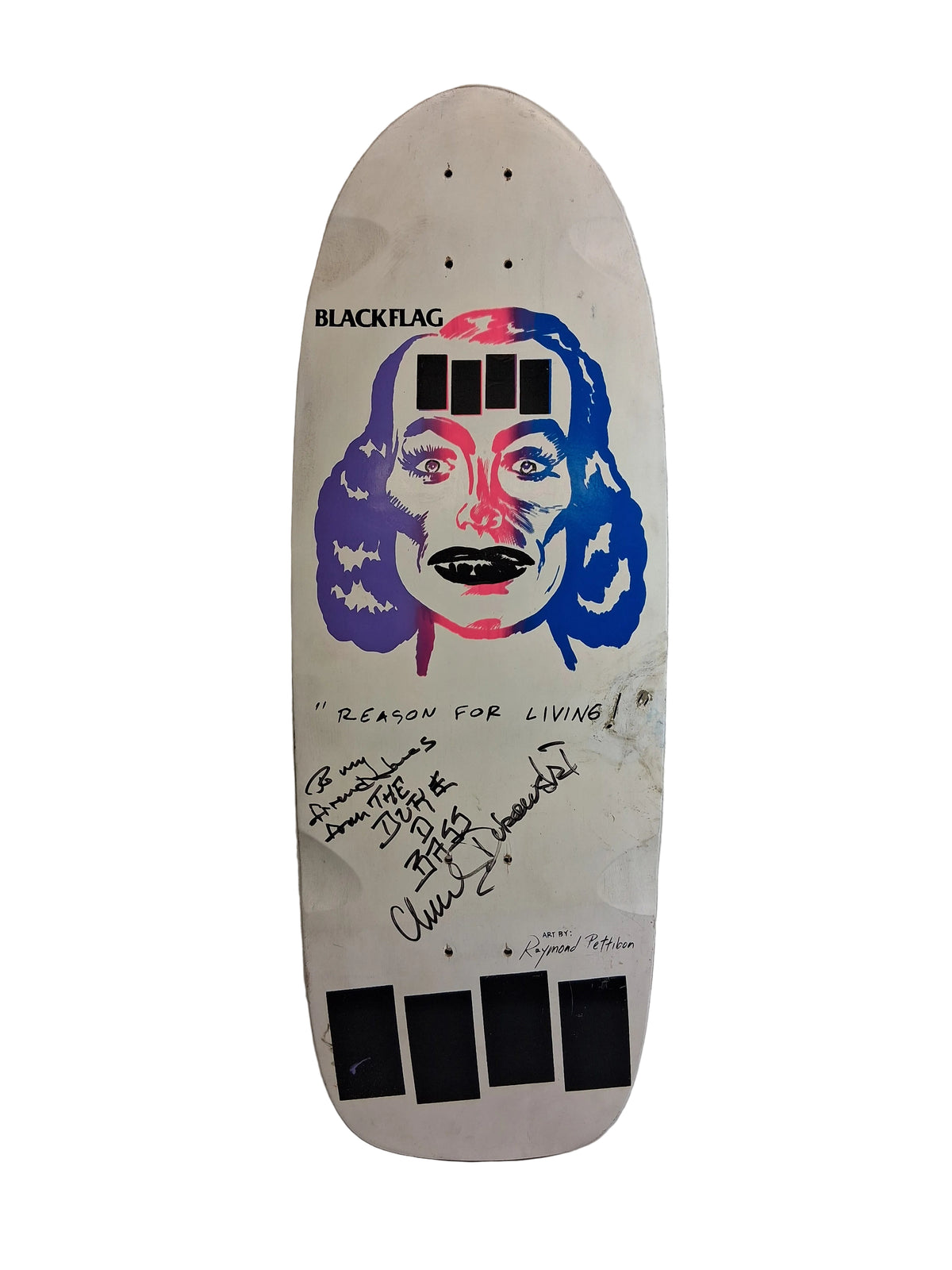 Santa Monica Rip City Skates Original X Black Flag Autographed And Personalized By Chuck Dukowski "Reason For Living!" Multi Vintage NOS Deck 1983 Art by Raymond Pettibon