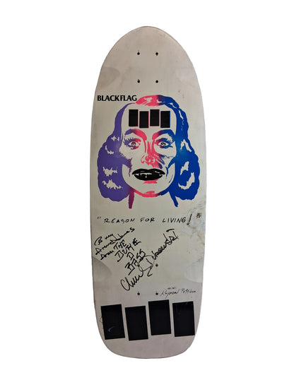 Santa Monica Rip City Skates Original X Black Flag Autographed And Personalized By Chuck Dukowski "Reason For Living!" Multi Vintage NOS Deck 1983 Art by Raymond Pettibon