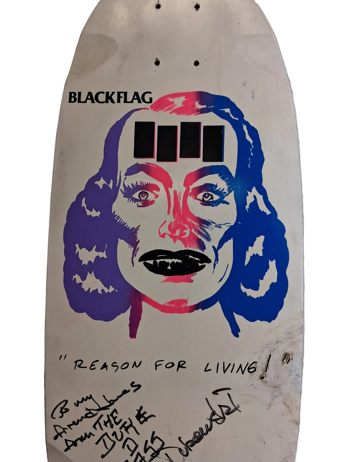 Santa Monica Rip City Skates Original X Black Flag Autographed And Personalized By Chuck Dukowski "Reason For Living!" Multi Vintage NOS Deck 1983 Art by Raymond Pettibon