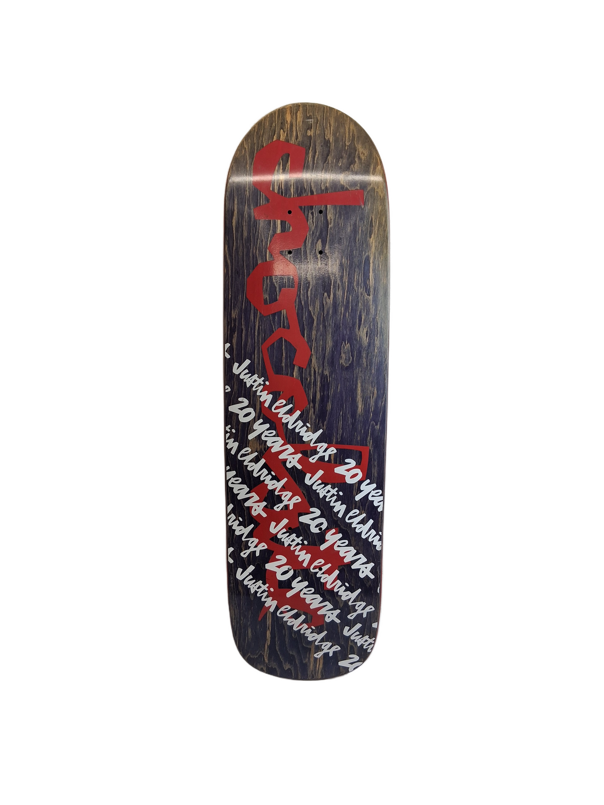 Chocolate Justin Eldridge 20 Years Purple Woodgrain White Red Size 9" Vintage NOS Gripped Deck