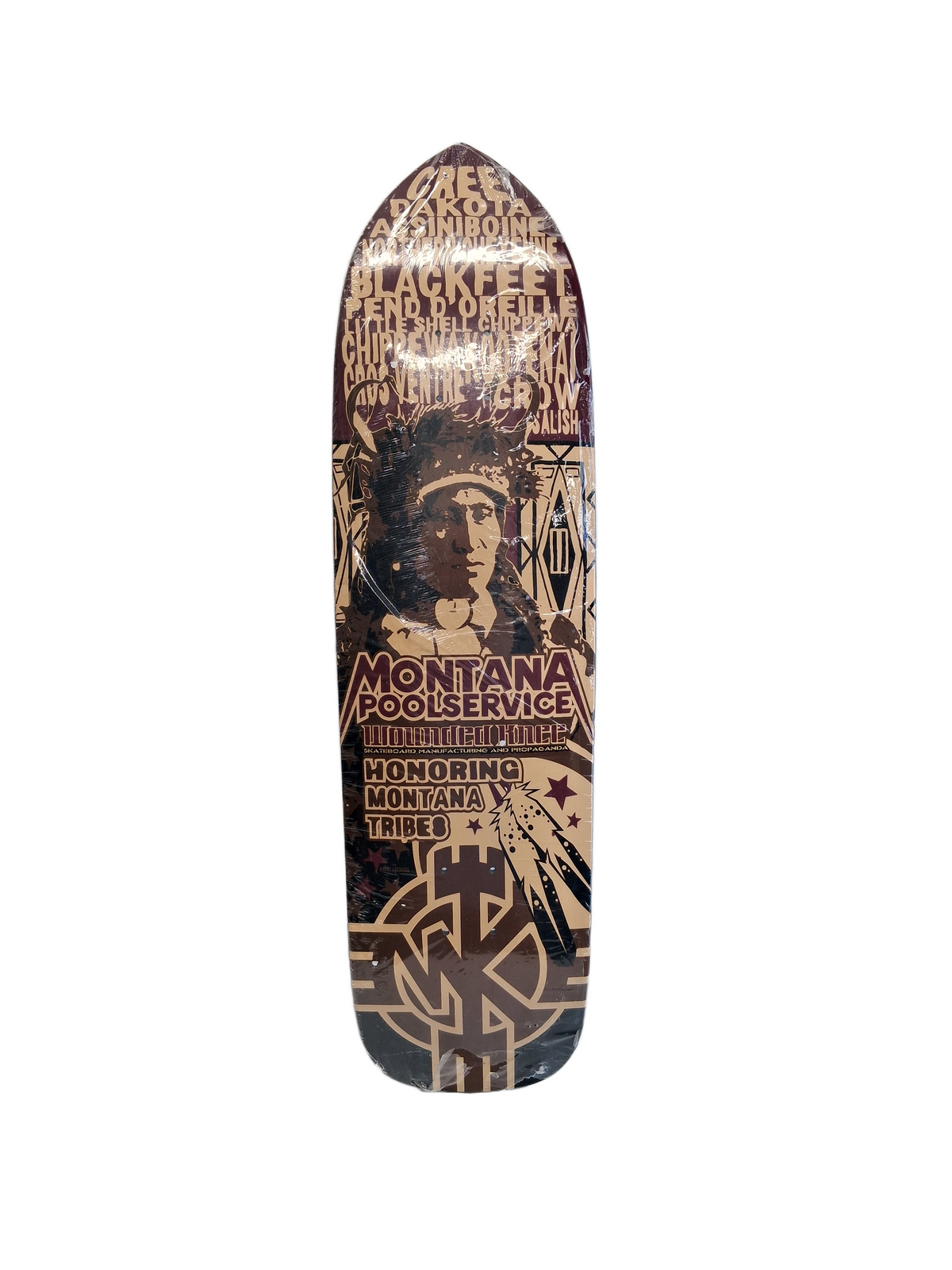 Montana Pool Service Jeff Ament Wounded Knee Project Tan Burgundy Multi Size 9.25" Vintage NOS Shaped Deck