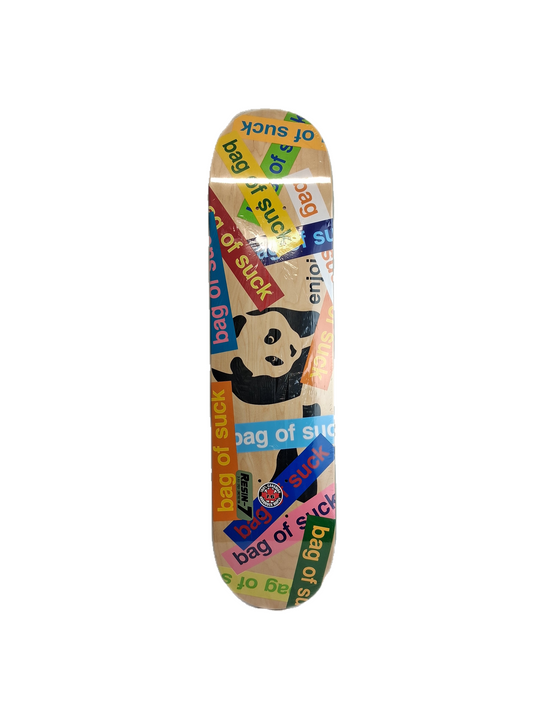 Enjoi Bag Of Suck Video Stickers Of Suck Natural Woodgrain Black Multi Size 7.6" Vintage NOS Deck 2006