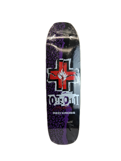 Black Label Red Kross John Lucero Cross Cheetah Print Split Purple White Red Black Size 9.25" Vintage NOS Shaped Deck