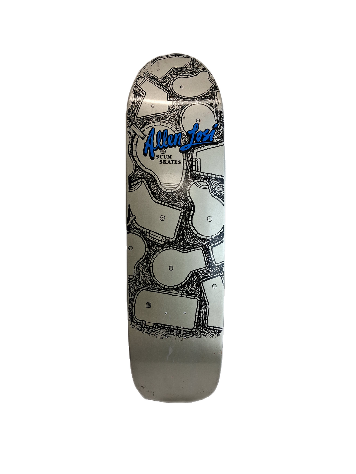 Scum Skates Allen Losi Pools Silver Metallic Blue Black Size 8.8" Vintage NOS Shaped Deck