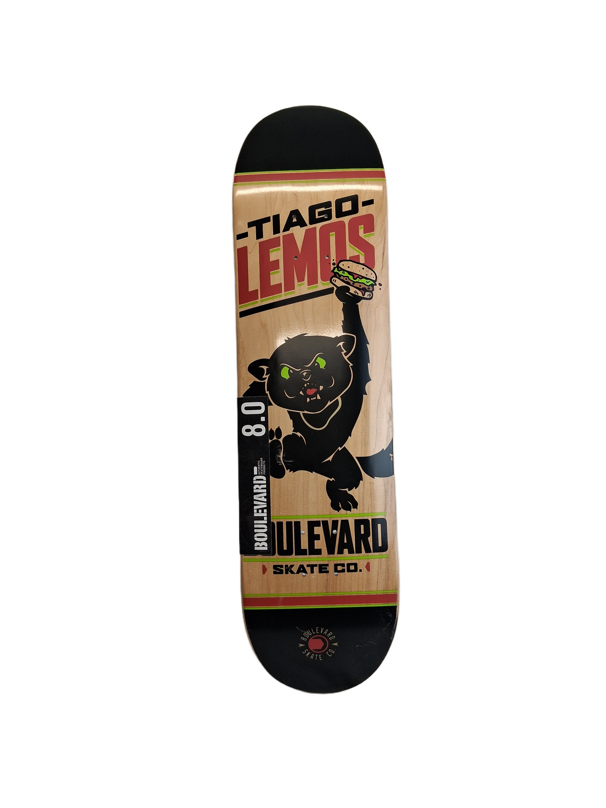 Boulevard Tiago Lemos Bold Black Cat Burger Natural Woodgrain Black Red Green Size 8.0" Vintage NOS Deck
