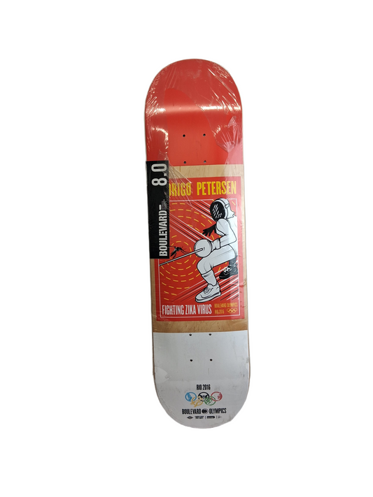 Boulevard Rodrigo Petersen Boulevard Olympics Rio 2016 Fighting Zika Virus Orange White Natural Woodgrain Size 8.0" Vintage NOS Deck