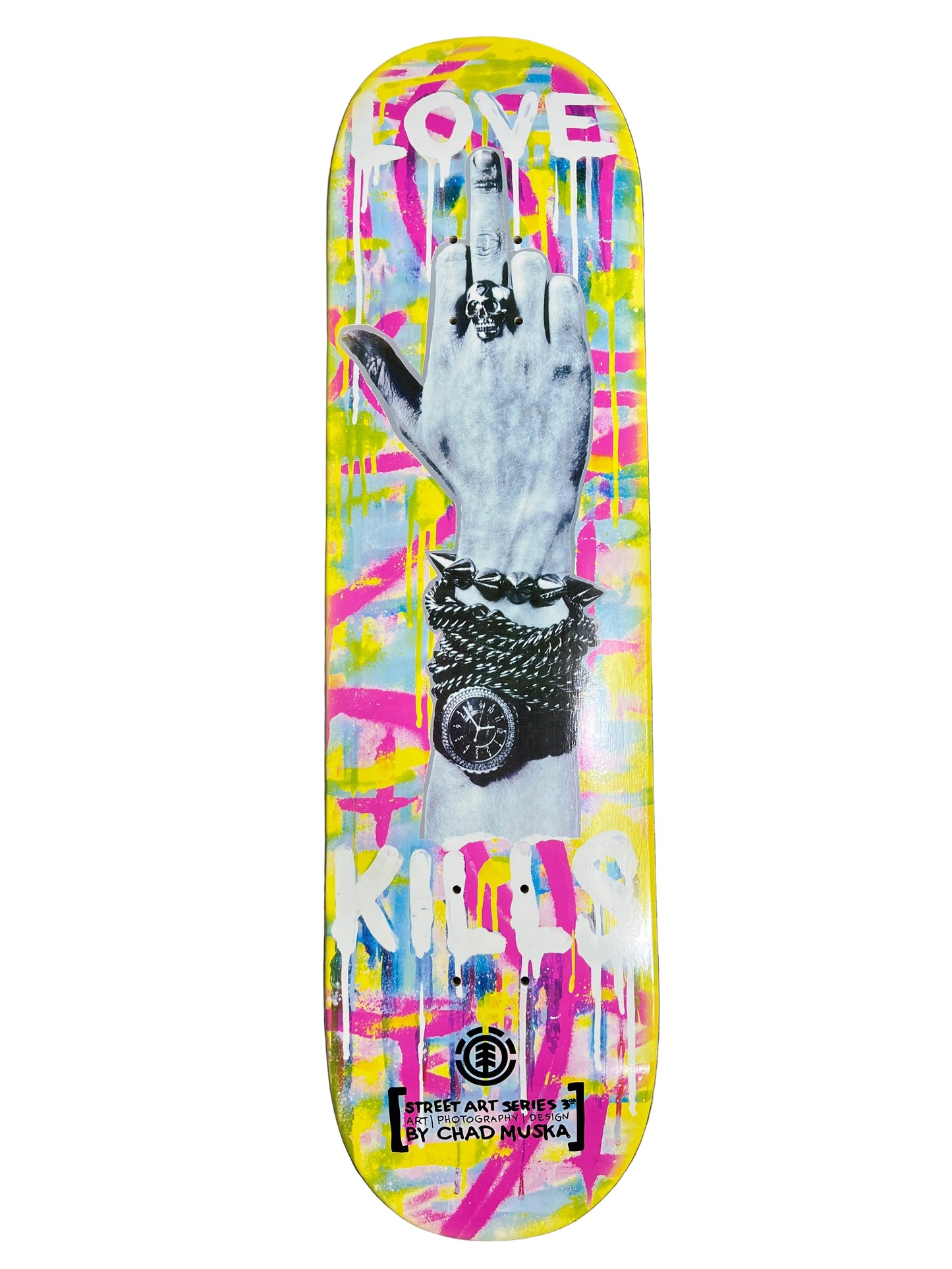 Element Chad Muska Street Art Series 300 Love Kills Middle Finger Tye Dye Splatter Multi Size 8.125" Vintage NOS Deck