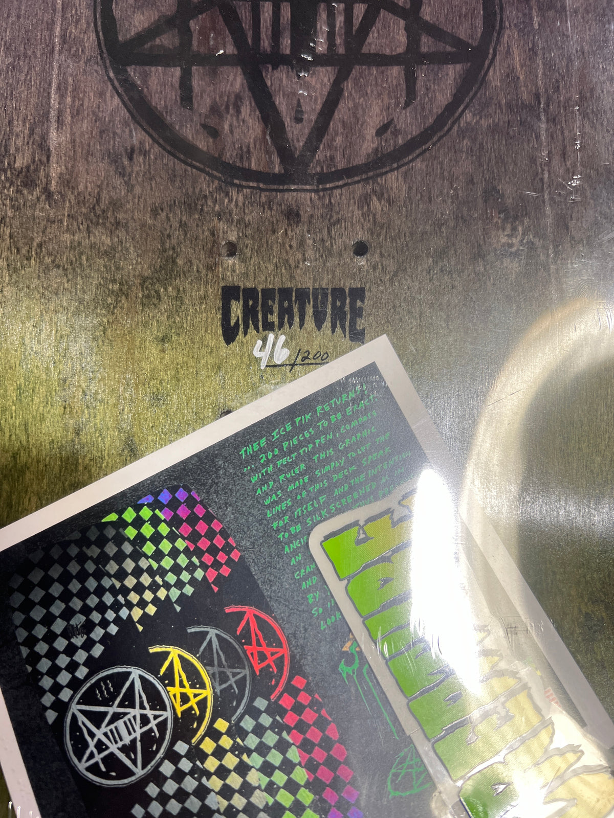 Creature Sam Hitz SHED Ice Picks Pentagram Black Grey Green Woodgrain Numbered 46 - 200 Produced Size 9" Vintage NOS Shaped Deck