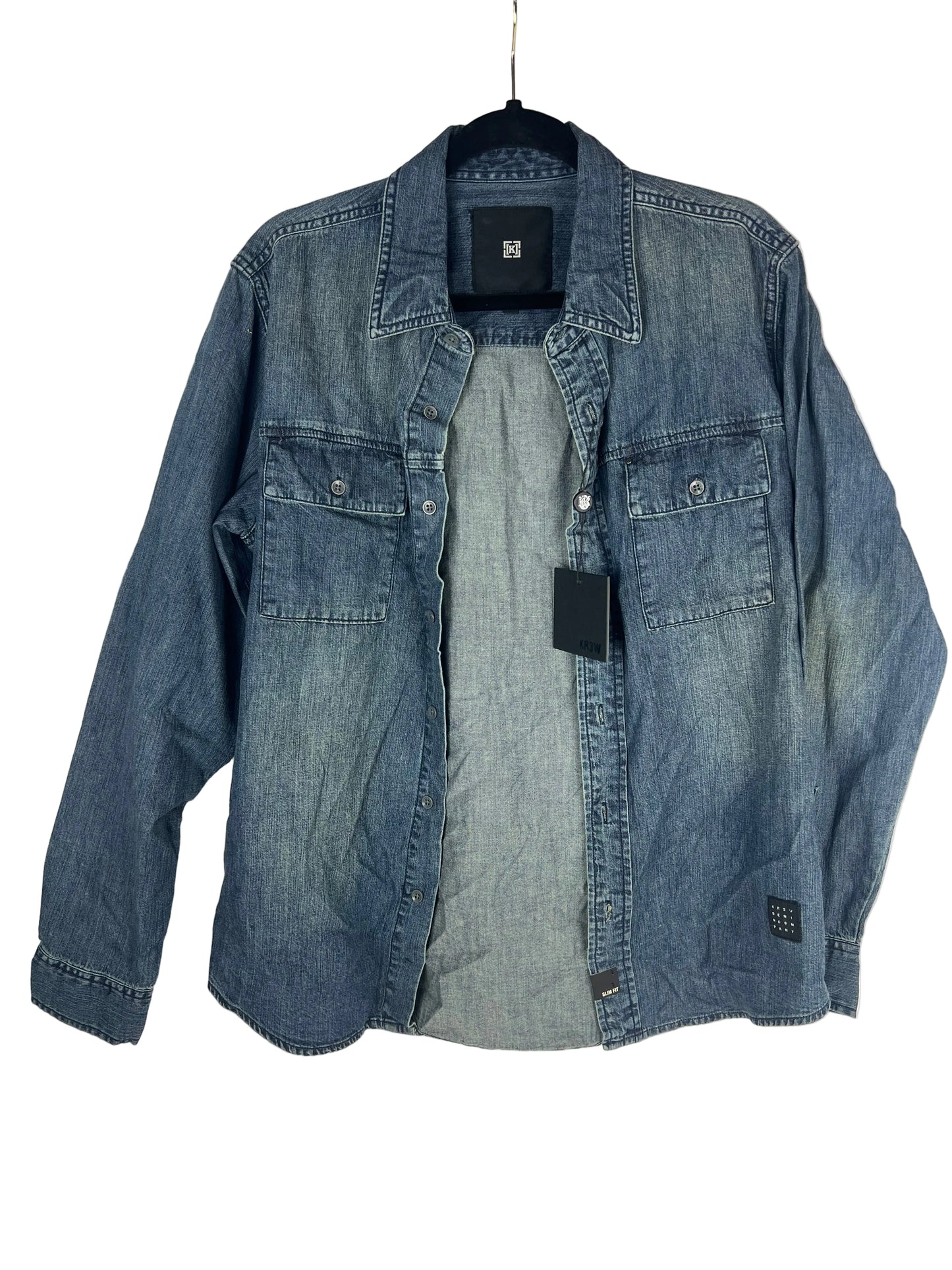 KREW Kr3w Denim Warren Dark Blue Denim Size M L/s Vintage Button Up Denim Jean Pockets Jacket