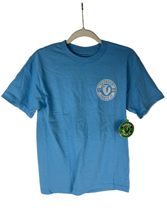 Thunder Lt Blue White Thunder Logo Small Front Print Large Back Print Size S S/s Vintage Shirt