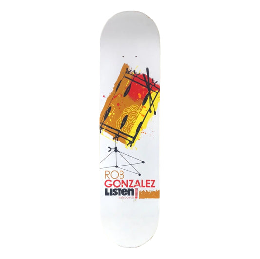 Listen Rob Gonzalez Drum Graphic White Black Red Brown Yellow Size 8" Skateboard Deck