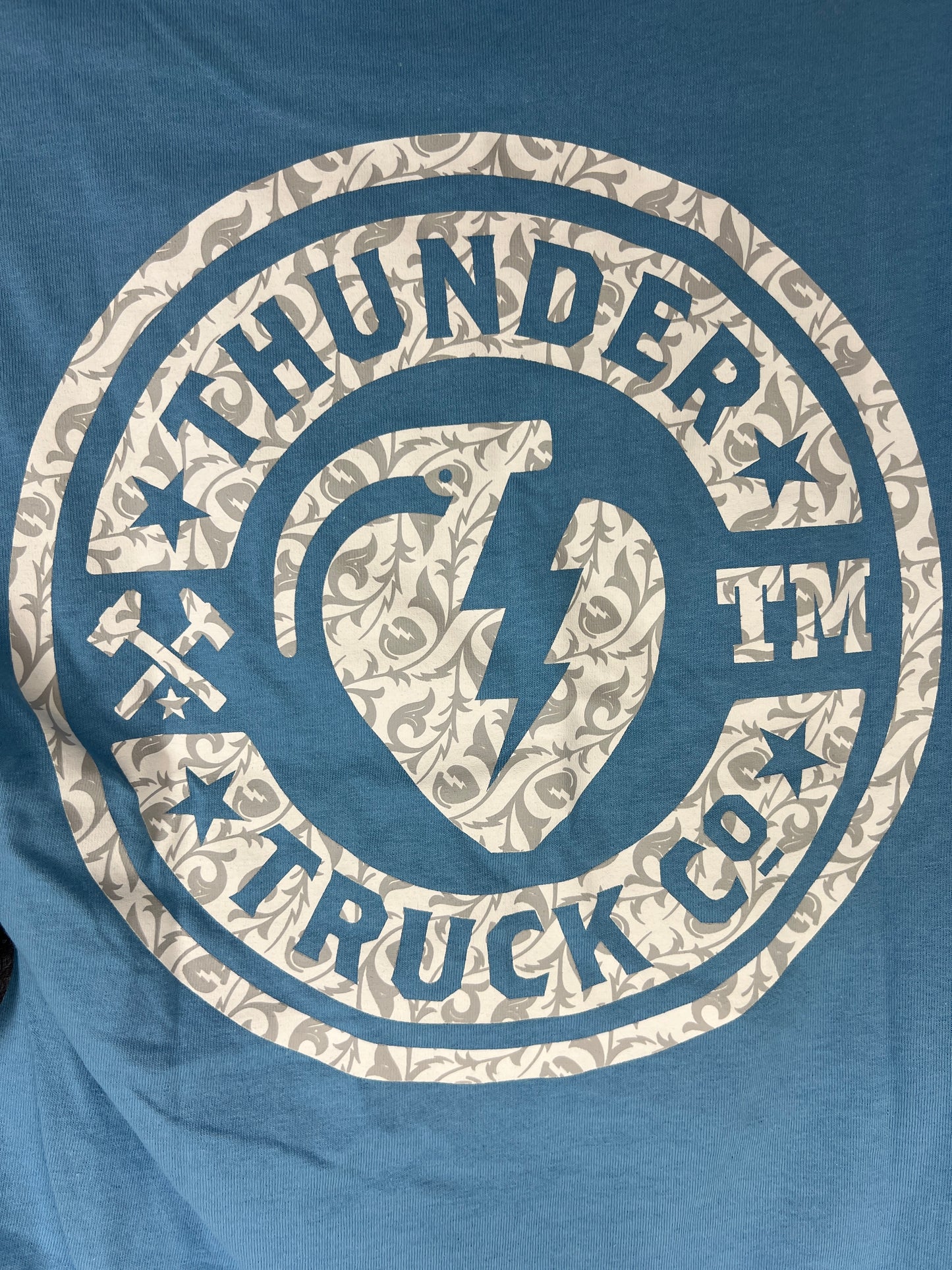 Thunder Lt Blue White Thunder Logo Small Front Print Large Back Print Size S S/s Vintage Shirt