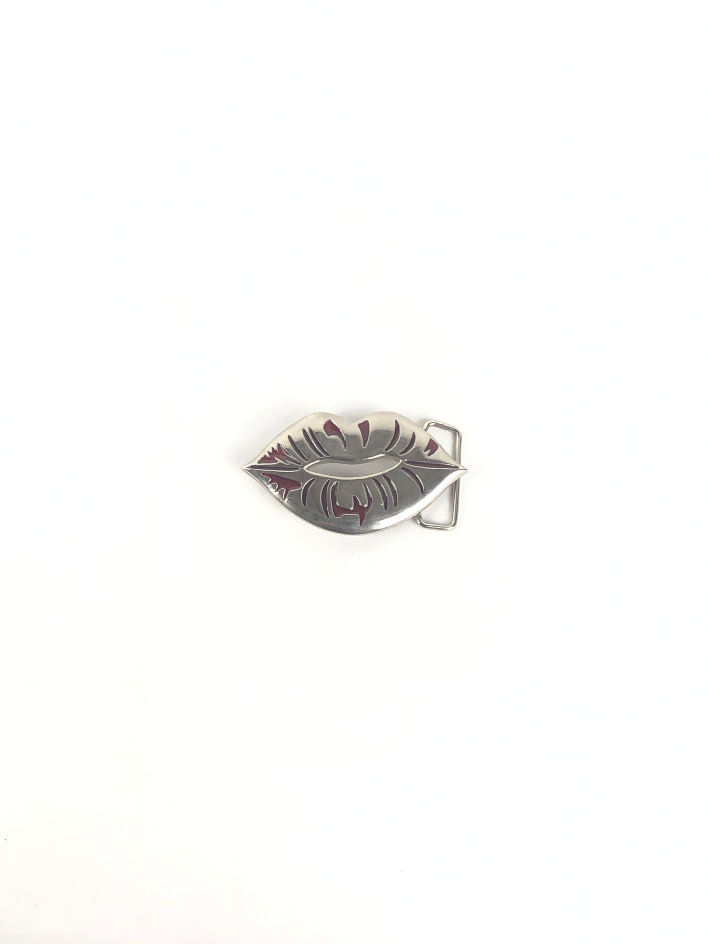 Veece Wasted Metal Lips Metallic Silver Ruby Red 3.5" x 2" Belt Buckle