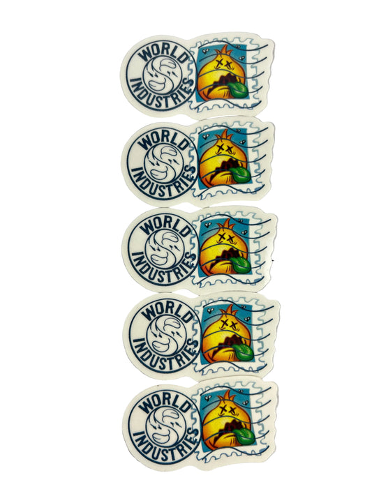 World Industries Postage Stamp Pack Of 5 Flame Boy Wet Willy Clear Blue Green Size 1.75" X 3.1" Vintage NOS Sticker Pack