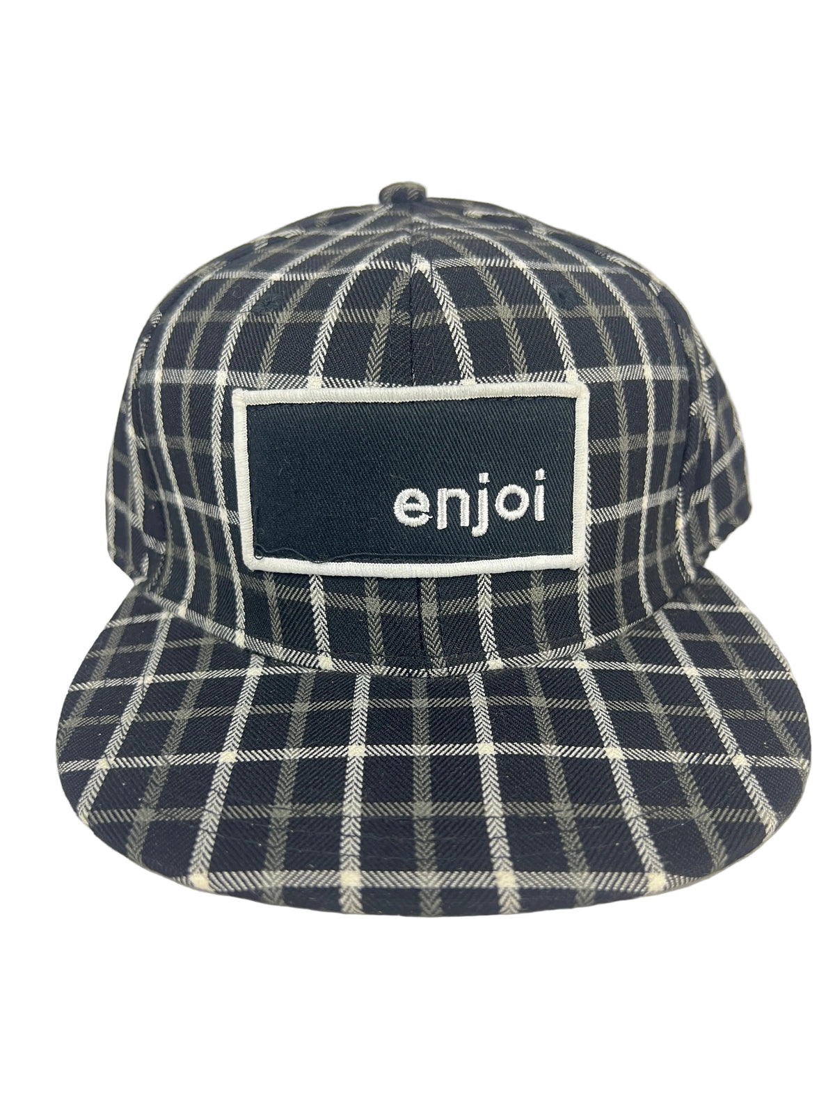 Enjoi Thick Box Logo White Black Plaid Metallic Panda Pin On Back Size L/XL Vintage Fitted Hat