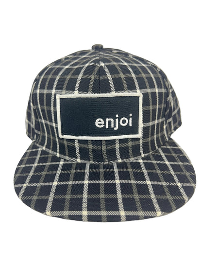 Enjoi Thick Box Logo White Black Plaid Metallic Panda Pin On Back Size L/XL Vintage Fitted Hat