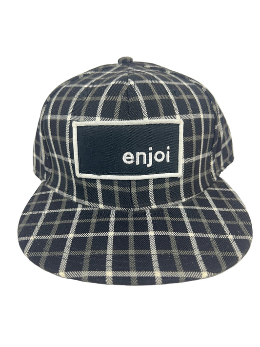 Enjoi Thick Box Logo White Black Plaid Metallic Panda Pin On Back Size L/XL Vintage Fitted Hat
