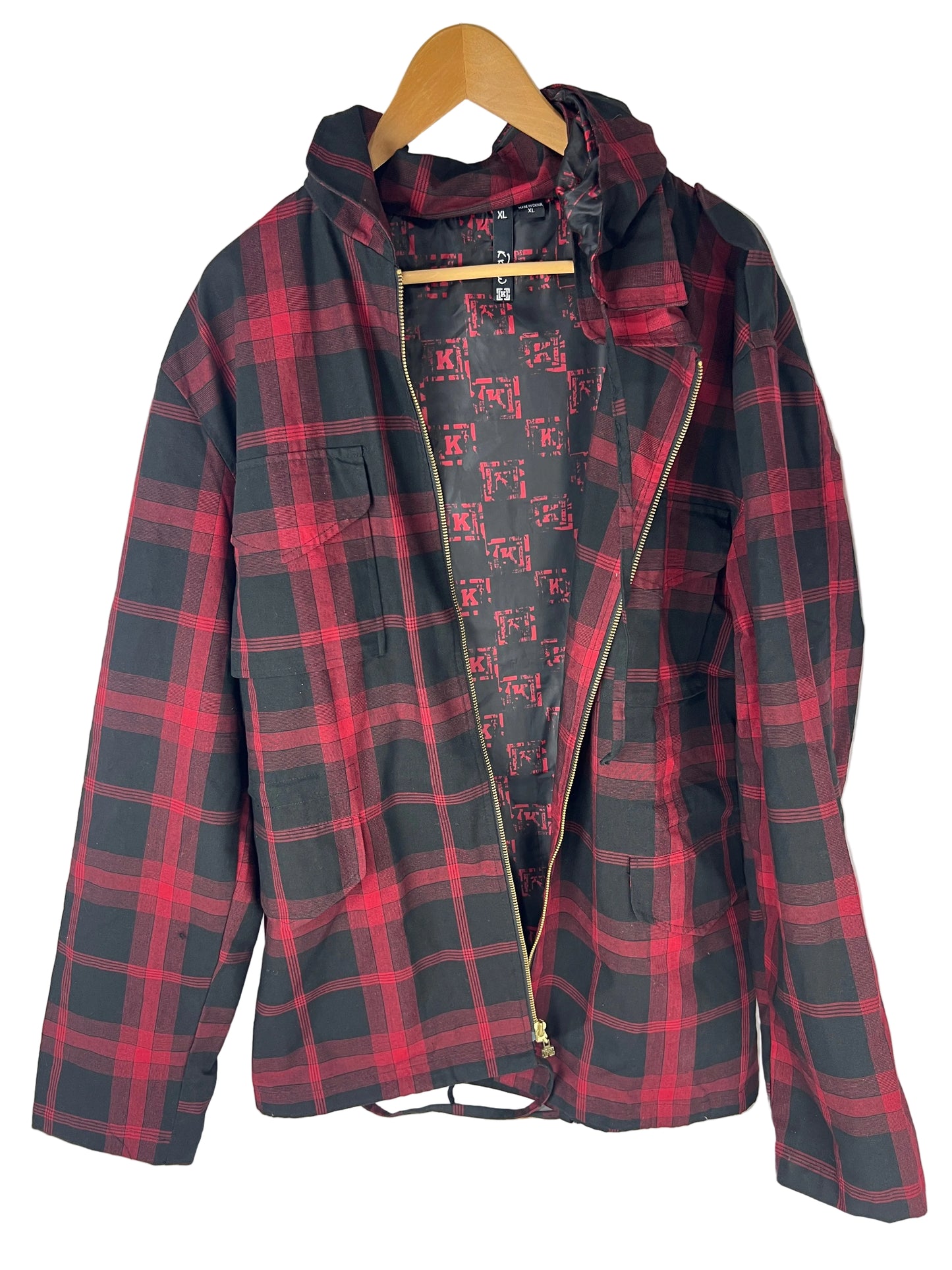 Krew KR3W Lumberjack Flannel Red Black With [K] All Over Print Inside Size XL Vintage L/s Zip Up Jacket
