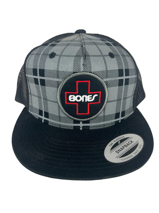 Bones Bones Swiss Logo Black White Red Plaid One Size Fits All Vintage Snapback Mesh Trucker Hat