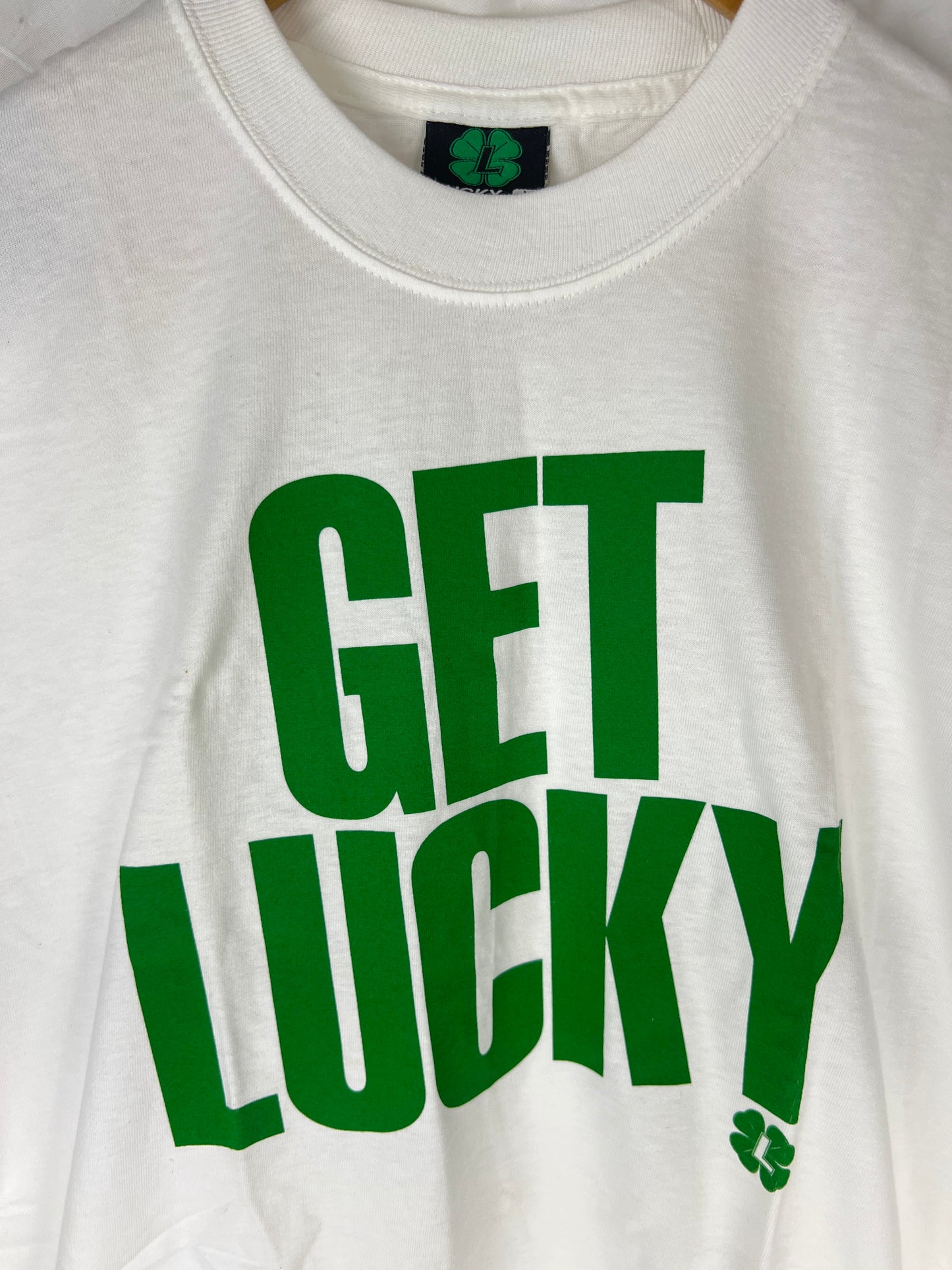 Lucky Get Lucky Clover Logo White Green Size L S/s Vintage Shirt